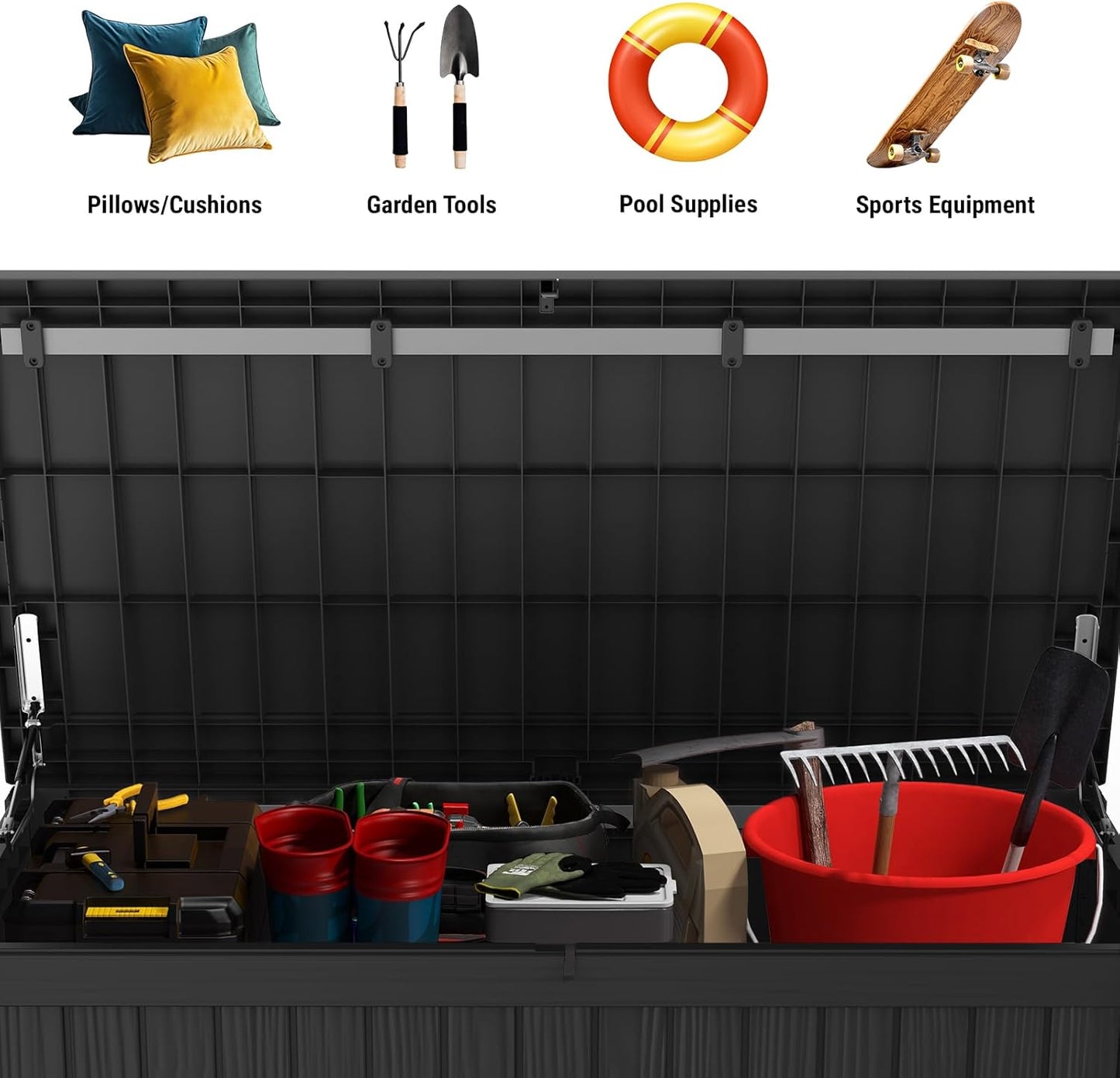 Mars Villa 150 Gallon Outdoor Storage Box, Large Resin Deck Box Waterproof, for Pool Supplies Storage, Outdoor Patio Furniture Cushions, with Hydraulic Hinge, UV-Resistant and Weatherproof, Black-VerdiqueGarden