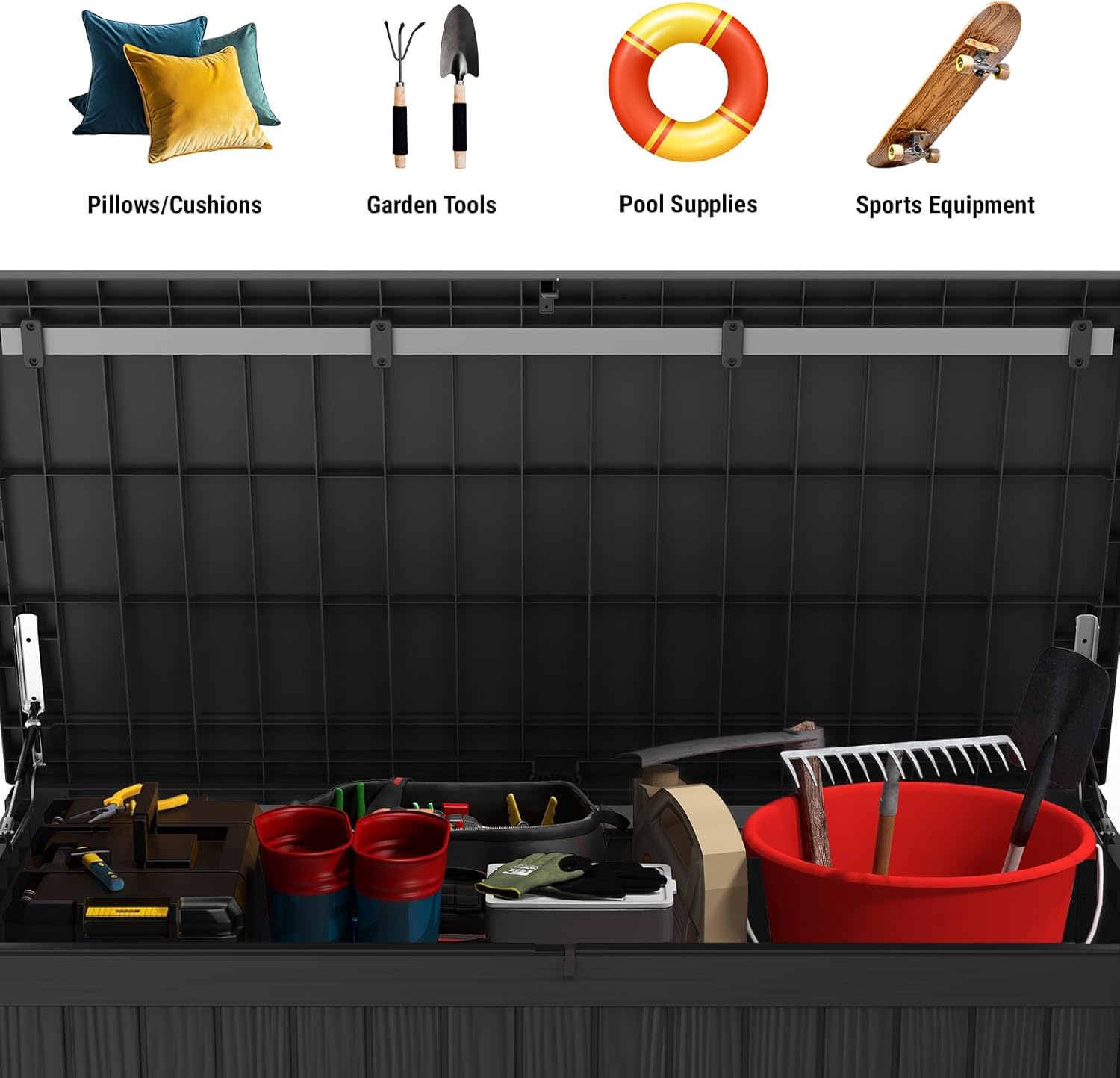 Mars Villa 150 Gallon Outdoor Storage Box, Large Resin Deck Box Waterproof, for Pool Supplies Storage, Outdoor Patio Furniture Cushions, with Hydraulic Hinge, UV-Resistant and Weatherproof, Black-VerdiqueGarden