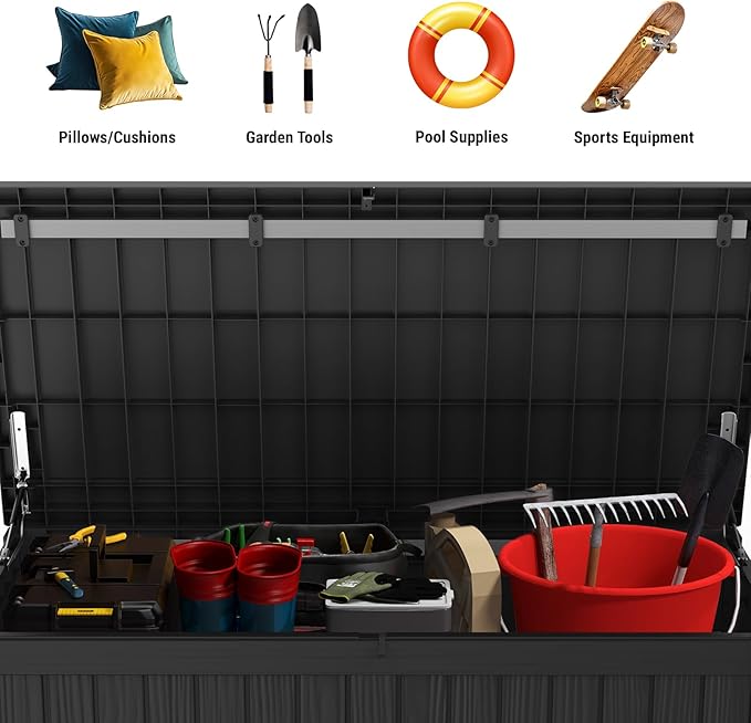 Mars Villa 150 Gallon Outdoor Storage Box Waterproof, Large Resin Deck Box for Outdoor Patio Furniture Cushions, Pool Supplies, Garden Tools, with Hydraulic Hinge, UV-Resistant and Weatherproof, Black-VerdiqueGarden