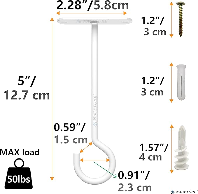 NACETURE Ceiling Hooks for Hanging Plants 4 Pack - Square Wall Mount Plant Hanger Indoor Hanging Hooks Metal Plant Bracket Iron Lanterns Hangers for Wind Chimes, Planters (5" White 4 Pack)-VerdiqueGarden