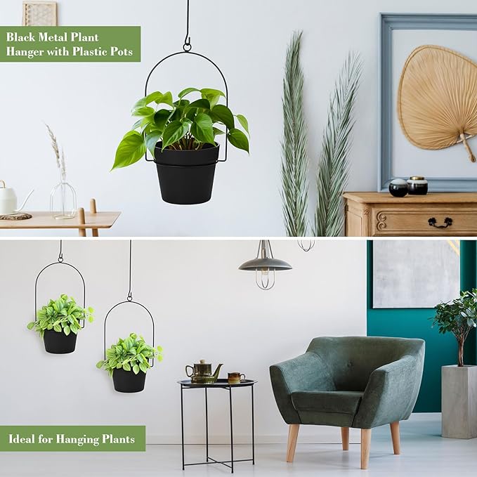 Hushee 6 Packs Metal Hanging Planters for Outdoor Indoor Plants Plant Hanger with 6.3'' Plastic Pots Hanging Planter Basket for Garden Home Porch Decor-VerdiqueGarden