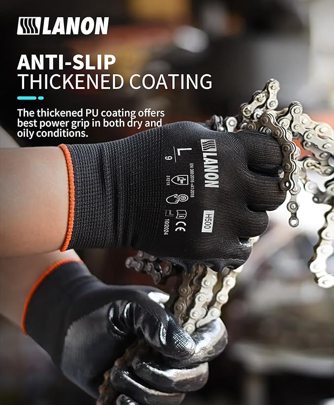 LANON 12 Pairs Safety Work Gloves, Mechanic Working Gloves for Men, PU Coated, Seamless Knit, Lightweight, Black, XL-VerdiqueGarden