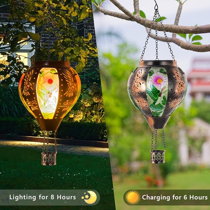 Starsoul Hummingbird Hot Air Balloon Solar Lantern Metal & Glass Solar Hot Air Balloon Hanging Garden Light Waterproof Outdoor Lantern for Patio Yard Party Decorations-VerdiqueGarden