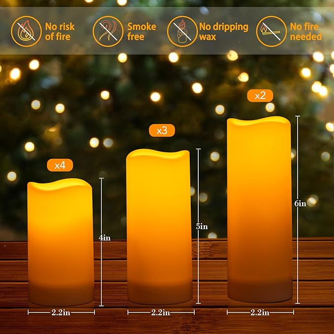 Metaku Flameless Flickering Candles Battery Operated LED Candles Set of 9 Ivory with Remote & Timer for Halloween, Christmas, Bedroom, Home, Wedding, Birthday Decoration D2.2'' x H4''5''6''-VerdiqueGarden