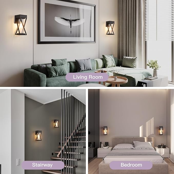 Outdoor Wall Lights Set of 2, Exterior Sconce Lighting Fixtures, Black Outdoor Porch Lights, Outdoor Wall Lantern with Clear Stripe Glass for Patio, Garage-VerdiqueGarden