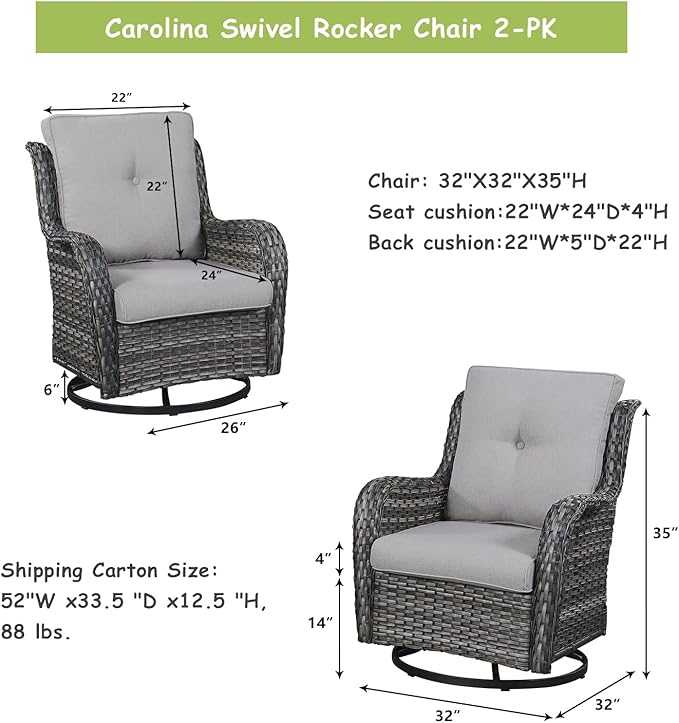 Outdoor Patio Swivel Rocker Chairs - Single Wicker Rattan Patio Swivel Rocking Chair with High Back,Deep Seating and Comfort Cushions for Deck Porch Garden,Mixed Grey/Beige-VerdiqueGarden