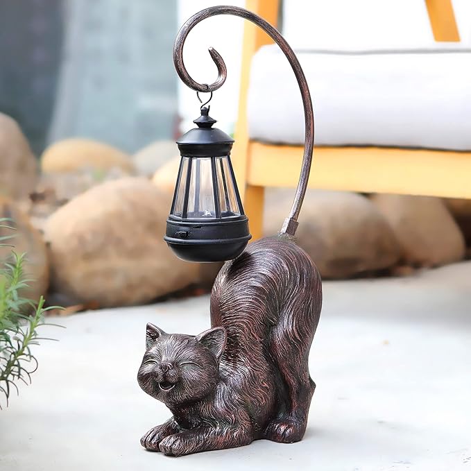 Laughing Cat Figurine with Solar-Powered LED Light, 15.7 Inches Tall Antique Bronze, Perfect for Gift Garden Decor or Housewarming for Cat Lovers.-VerdiqueGarden