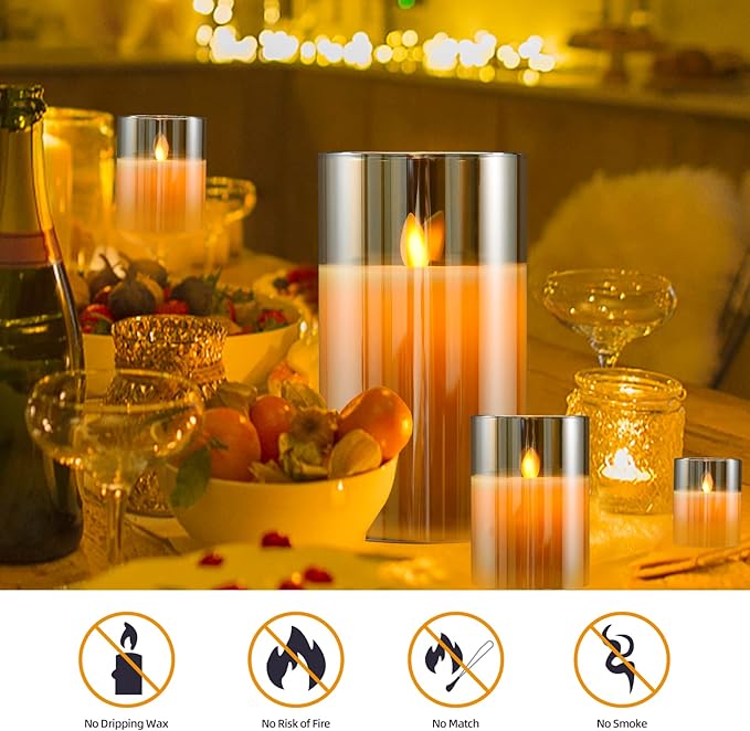 JOSU Flameless Candles 4" 5" 6" Set of 3 Outdoor Indoor Fake Pillars Gold Glass LED Battery Operated Candles Include 10-Key Remote Timer for Wedding Party Halloween Christmas Thanksgiving Fall Diwali-VerdiqueGarden