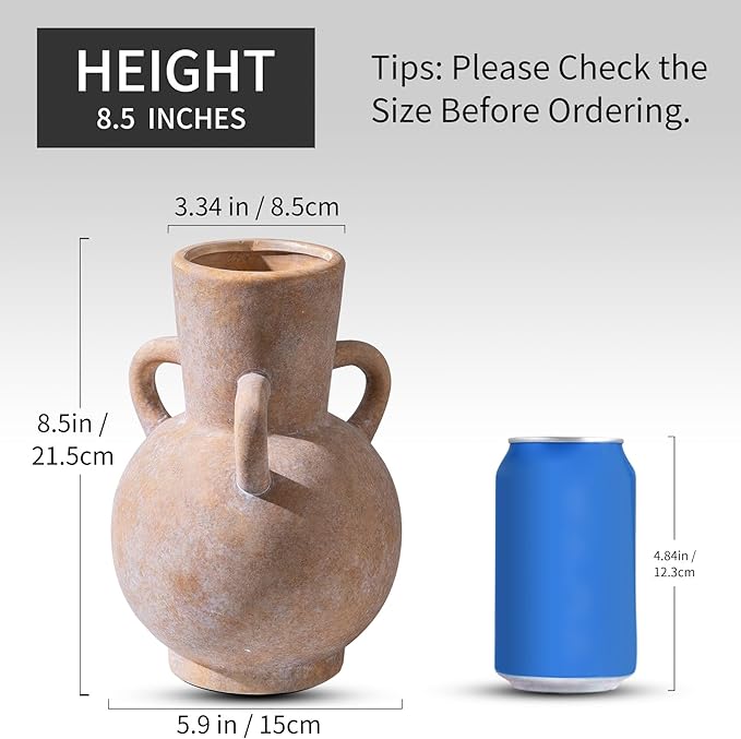 Beige Vintage Terracotta Ceramic Vase with Handles, Rustic Pottery Tulip Vase for Cottage Core Home Mantle Decor, Large Bulk Flower Vases Farmhouse Table Centerpieces, Jarrones Decorativos para Sala-VerdiqueGarden