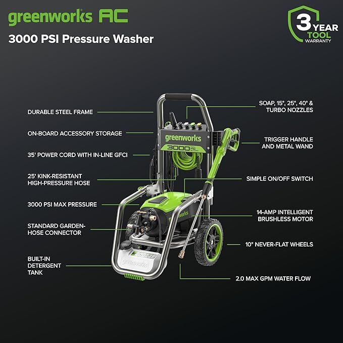 Greenworks Pro Brushless 3000 PSI (CSA Certified) 2.0 GPM Max / 1.1 GPM Electric Pressure Washer (Foldable Handles, Rugged Steel Frame, 25 FT Hose, 35 FT GFCI Power Cord)-VerdiqueGarden