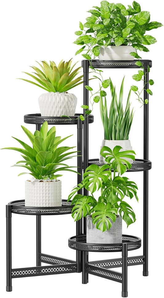 iDavosic.ly 5 Tier Large Plant Stand Indoor with 10-Inch Wide Drainage Tray, Tiered Corner Metal Outdoor Flower Display Holder Shelf, Folding Tall Rack for Patio Porch Balcony, Black Iron Carving-VerdiqueGarden