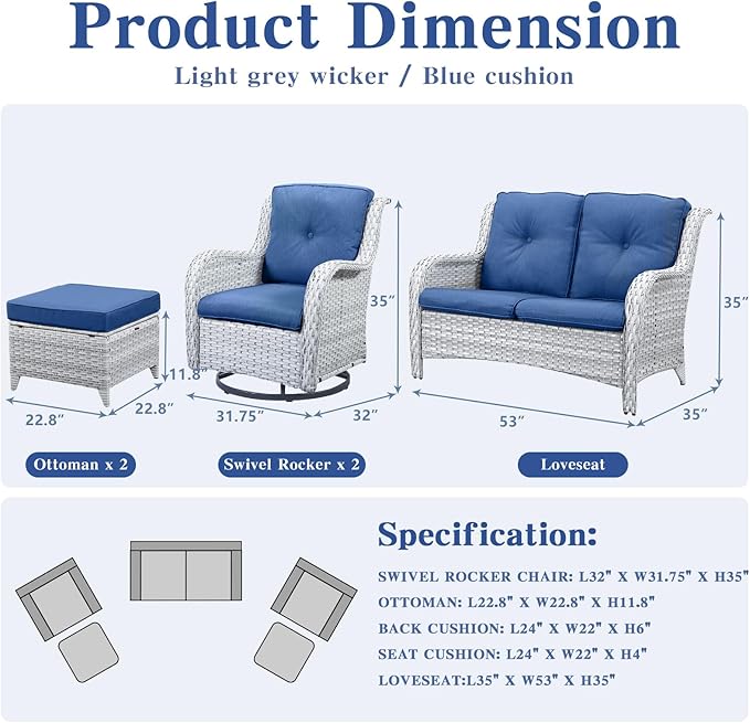 5 Piece Outdoor Patio Furniture Set - Patio Wicker Furniture Conversation Set, Outdoor Swivel Rocker Chairs with Loveseat Sofa and 2 Ottomans for Small Space, Blue Cushion-VerdiqueGarden