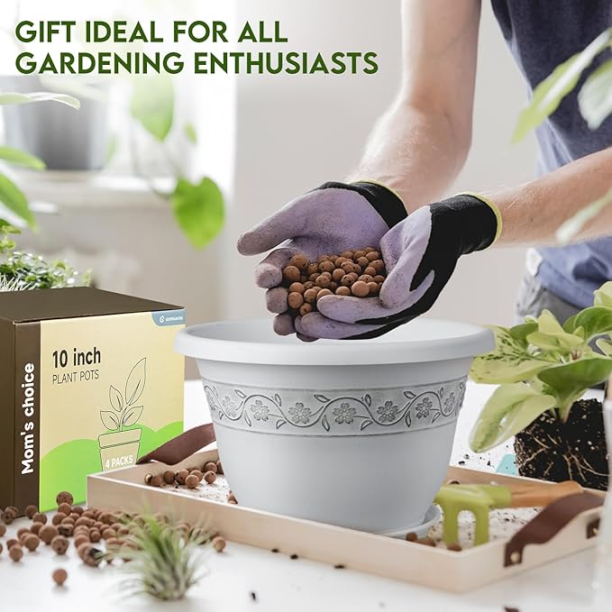 10 Inch Plant Pots with Drainage Hole - Lightweight Flower Pots for Herbs and Flowers - Home Decor Plastic Planters for Indoor Outdoor Plants- Pack of 4 (White, 10 inch)-VerdiqueGarden