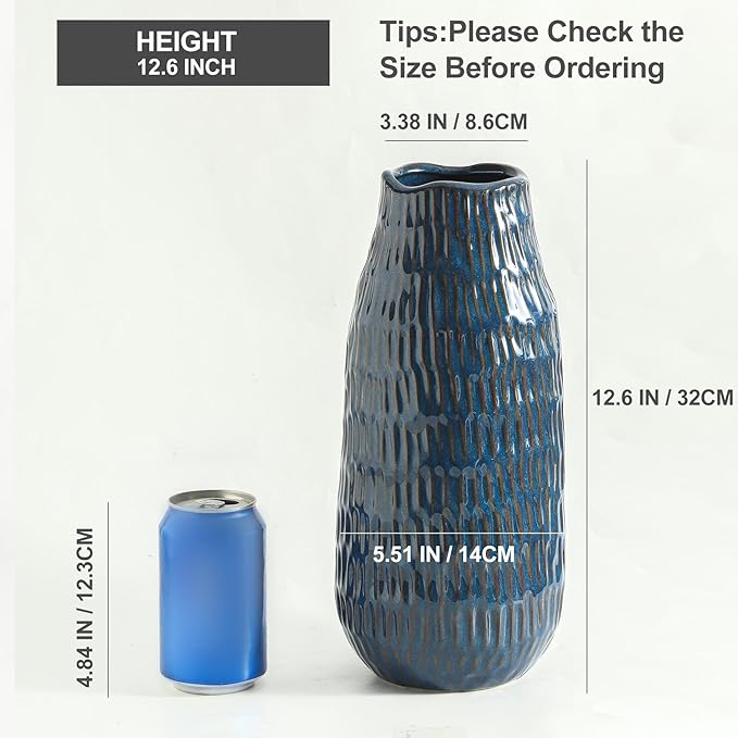 Blue Ceramic Vase for Home Decor, 12.6 Inch Tall Flower Vase with Modern Textured Finish,Decorative Floor Vase for Pampas Grass, Entryway, Living Room, Dining Table, Farmhouse or Office-VerdiqueGarden