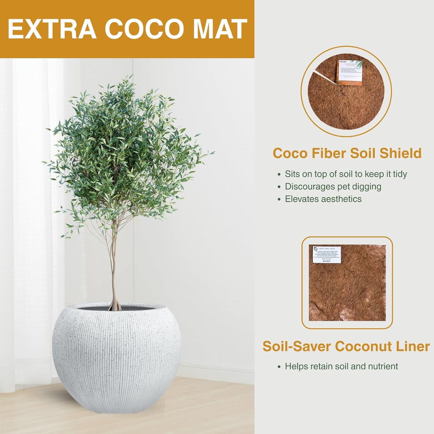 9.7" H x 12" D Globo Fiberstone Round Planter with Drainage Hole, Weather Resistant, Ribbed Finish, Planters for Indoor Plants & Outdoor, Extra Coco Mats (Speckled White, 7.8" Pot Opening)-VerdiqueGarden