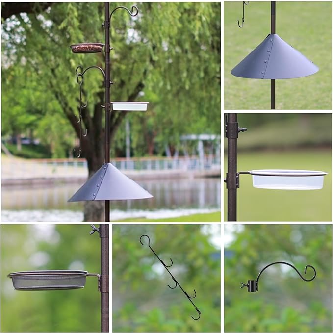 Bird Feeding Station Kit with Squirrel Baffle Bird Feeder Pole with Suet Cage Mesh Tray Fruit Hook Double W Hook for Attracting Wild Birds and Hanging Planter Hanger Lights-VerdiqueGarden
