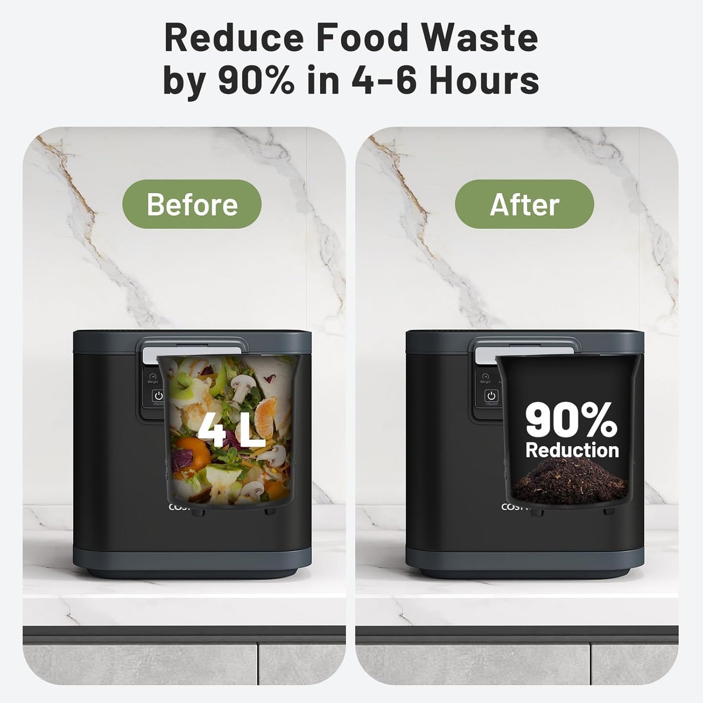 COSTWAY 4L Electric Composter for Kitchen, Smart Waste Dispenser Countertop Compost Machine w/Replaceable Filters, Auto-Cleaning, LED Display, Indoor Compost Bin, Turn Food Waste to Dry Fertilizer-VerdiqueGarden