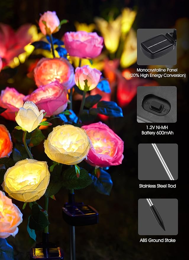 Brightown Solar Garden Lights - 4 Pack Solar Flowers Lights with Larger & More Realistic Austin Rose, Bigger Solar Panel, Solar Lights for Outside Waterproof for Yard Patio Garden Decoration-VerdiqueGarden
