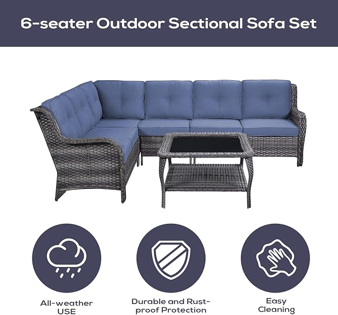 Outdoor Furniture Sectional Sofa L Shaped Couch - Patio Wicker Furniture Set with Coffee Table, 3 Piece Rattan Patio Conversation Sets with Blue Cushion for Deck Backyard Sunroom-VerdiqueGarden
