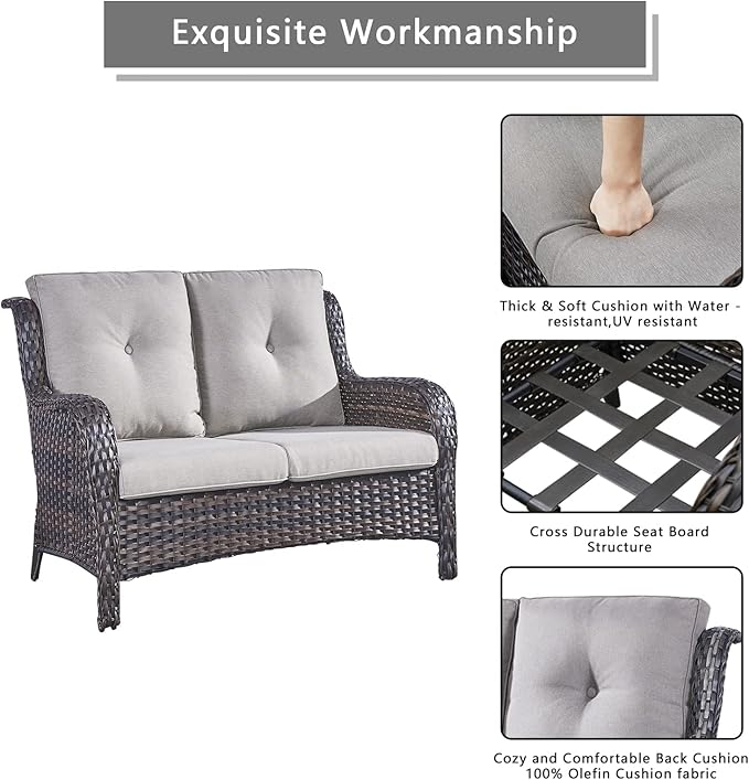 Outdoor Wicker Patio Furniture Set - 5 Piece Rattan Patio Conversation Set with 2 Rocking Swivel Chairs,2 Ottomans and 1 Loveseat for Porch Deck Backyard Garden(Brown/Grey)-VerdiqueGarden