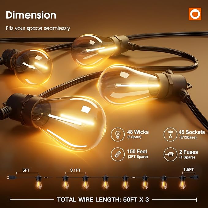 addlon 150FT(3-Pack*50FT) LED Outdoor String Lights with Edison Shatterproof Bulbs, Heavy-Duty and Weatherproof Strand, Commercial Grade Patio Lights, Decorative for Garden or Patio, Black-VerdiqueGarden