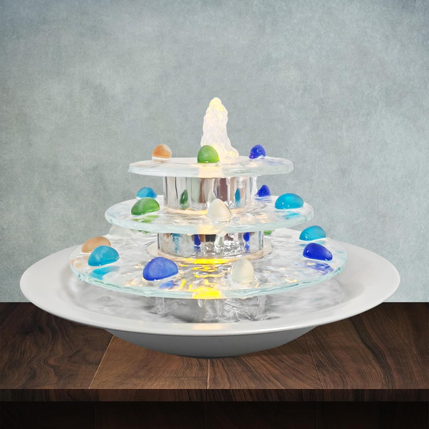 Indoor Tabletop Fountain 3-Tier Waterfall, Zen Meditation Fountains with LED Light, Home Desktop Soothing Sound Meditation Relaxing Water Feature for Office Room Table Decoration-VerdiqueGarden