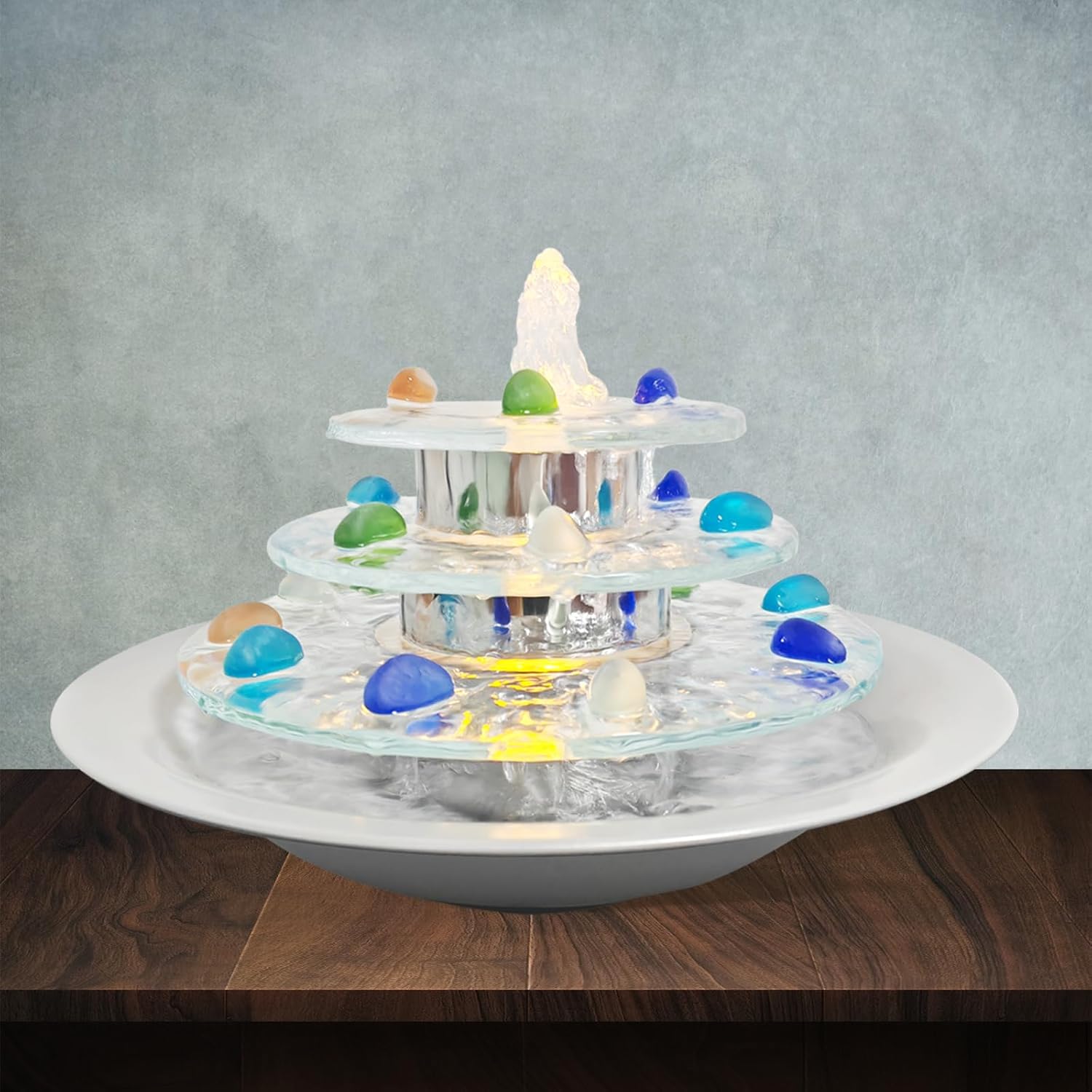 Indoor Tabletop Fountain 3-Tier Waterfall, Zen Meditation Fountains with LED Light, Home Desktop Soothing Sound Meditation Relaxing Water Feature for Office Room Table Decoration-VerdiqueGarden