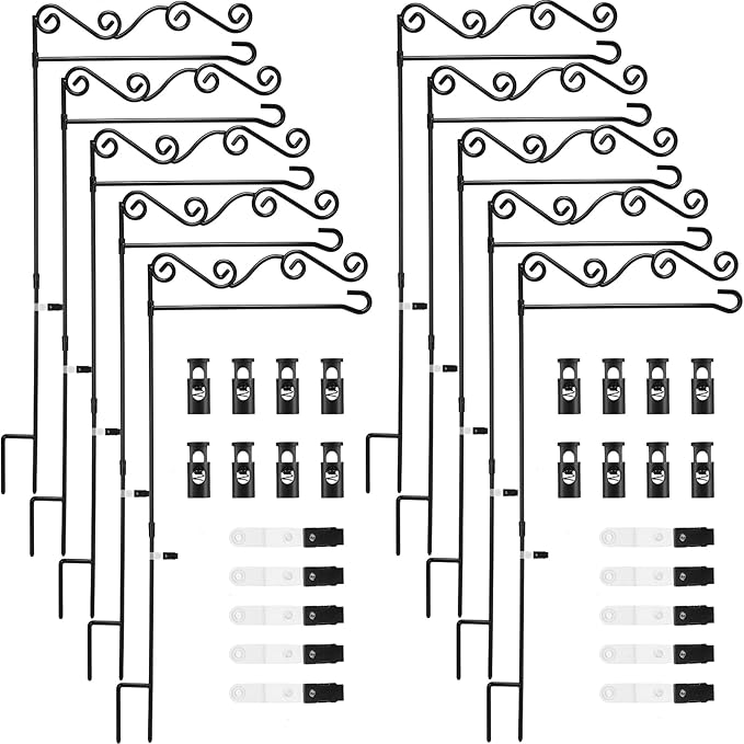 10 Pack Garden Flag Stand with Flag Stoppers and Clips, Black Powder Coated Weather Proof Garden Flag Pole Holder for Outdoor Garden Flag (Stylish Style, 15.75 x 36.22 Inch)-VerdiqueGarden