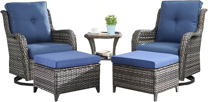 Outdoor Wicker Patio Furniture Set - 5 Pieces Rattan Patio Conversation Set with 2 Rocking Swivel Chairs,2 Ottomans and 1 Side Table for Porch Deck Backyard Garden(Mixed Grey/Blue)-VerdiqueGarden