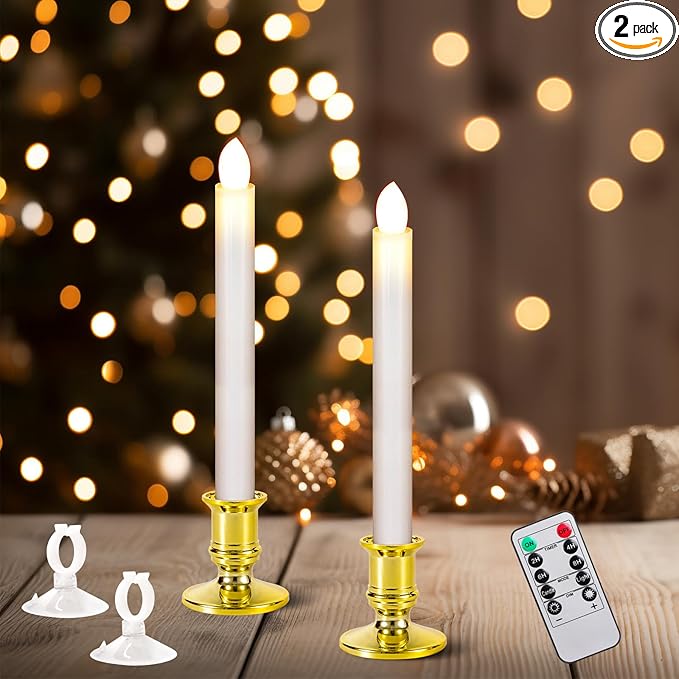 2 Pack Christmas Window Candles with Remote Timer, Flickering Flameless Candles with Candle Holders Suction Cups for Christmas Party Decorations, Gold-VerdiqueGarden