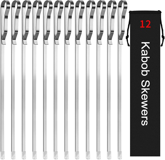 Kabob Skewers 17" Stainless Steel Long BBQ Barbecue Skewers, Flat Metal Kebob Sticks Wide Reusable Grilling Skewers for Meat Chicken,Set of 12 with Storage Bag-VerdiqueGarden