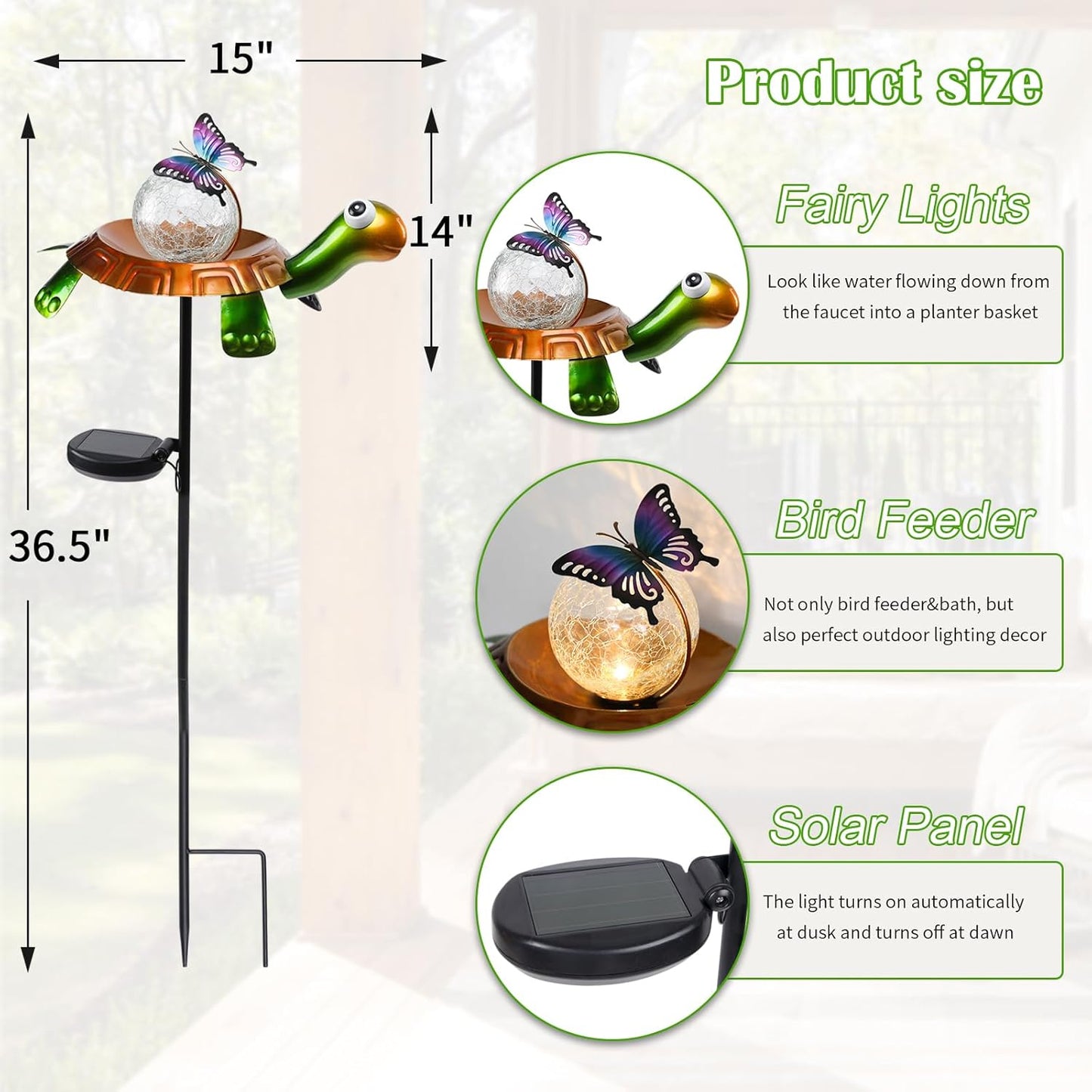 Afirst Solar Lights Outdoor Decorative Metal Turtle Crackle Glass Globe with Butterfly Warm White LED Metal Waterproof Garden Stake Lights for Walkway Pathway Lawn Patio Yard Decorations-VerdiqueGarden