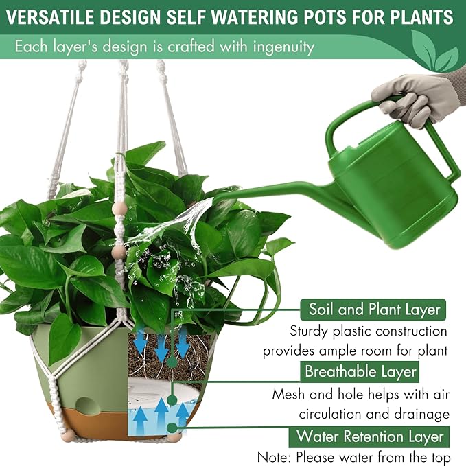 10 Inch Hanging Planters for Indoor Plants,Set of 2 Hanging Pots for Plants with Self-Watering, Outdoor Hanging Plant Pot with Drainage and 2 Kinds of Hanging Baskets Hangers for Home Decor and Garden-VerdiqueGarden