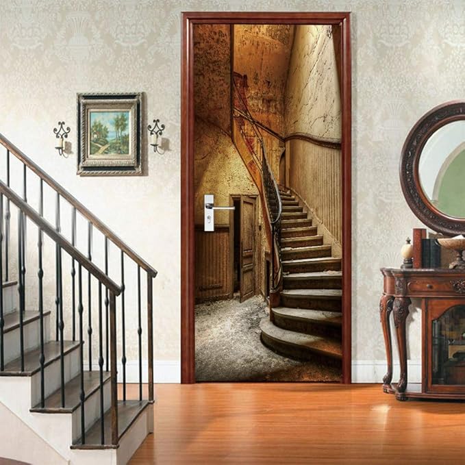 3D Door Stickers Murals Peel and Stick - Old Stairs - Door Wallpaper Self-Adhesive Door Decals Removable PVC Waterproof Door Poster for Bedroom Living Room Door 33.9" x 78.7"-VerdiqueGarden