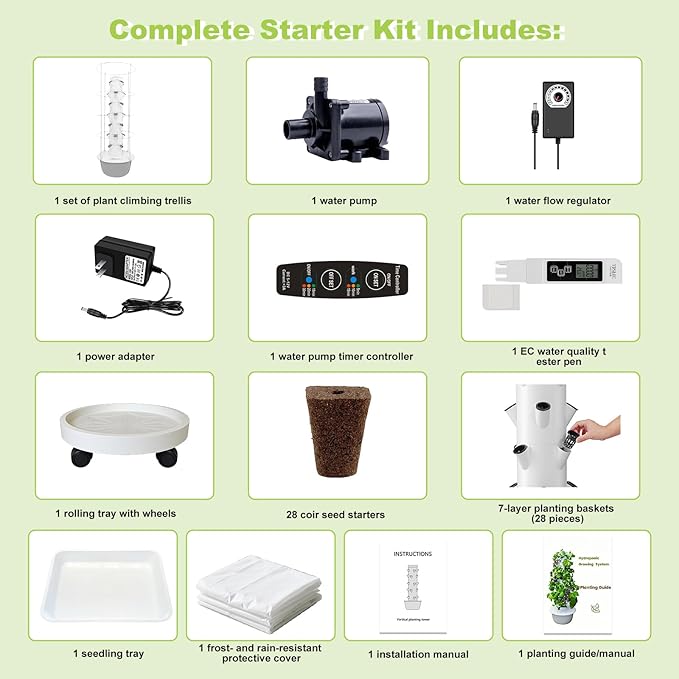 Hydroponic Growing System Kit,Indoor&Outdoor Vertical Hydroponic Growing Garden for Leafy Greens & Herbs, 28 Plant Sites with Climbing Trellis, Energy-Efficient Kit-VerdiqueGarden