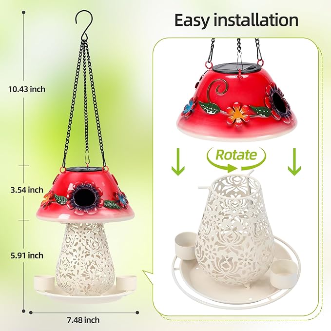 Mushroom Solar Bird Feeders for Outdoors Hanging Metal Wild Bird Feeder Garden Lantern with S Hook for Garden Decoration red-VerdiqueGarden