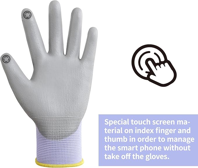 DULFINE Work Gloves for Men PU Coated 12 Pairs Bulk Pack,Purple Seamless Knit Glove with thin Polyurethane,Two Finger Touchscreen, for Men and Women, Ideal for Light Duty Work. (Extra Large)-VerdiqueGarden