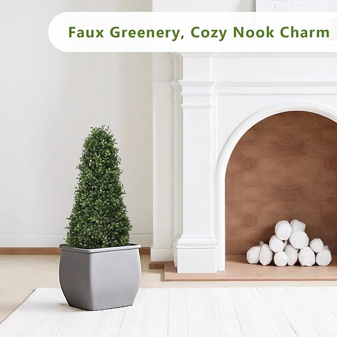 3ft Artificial Boxwood Topiary Trees (Set of 2) - UV Resistant Faux Plants Outdoor, Realistic 36" Fake Cone Bushes and Shrubs for Front Porch, Planter, Patio - Low Maintenance & Evergreen-VerdiqueGarden