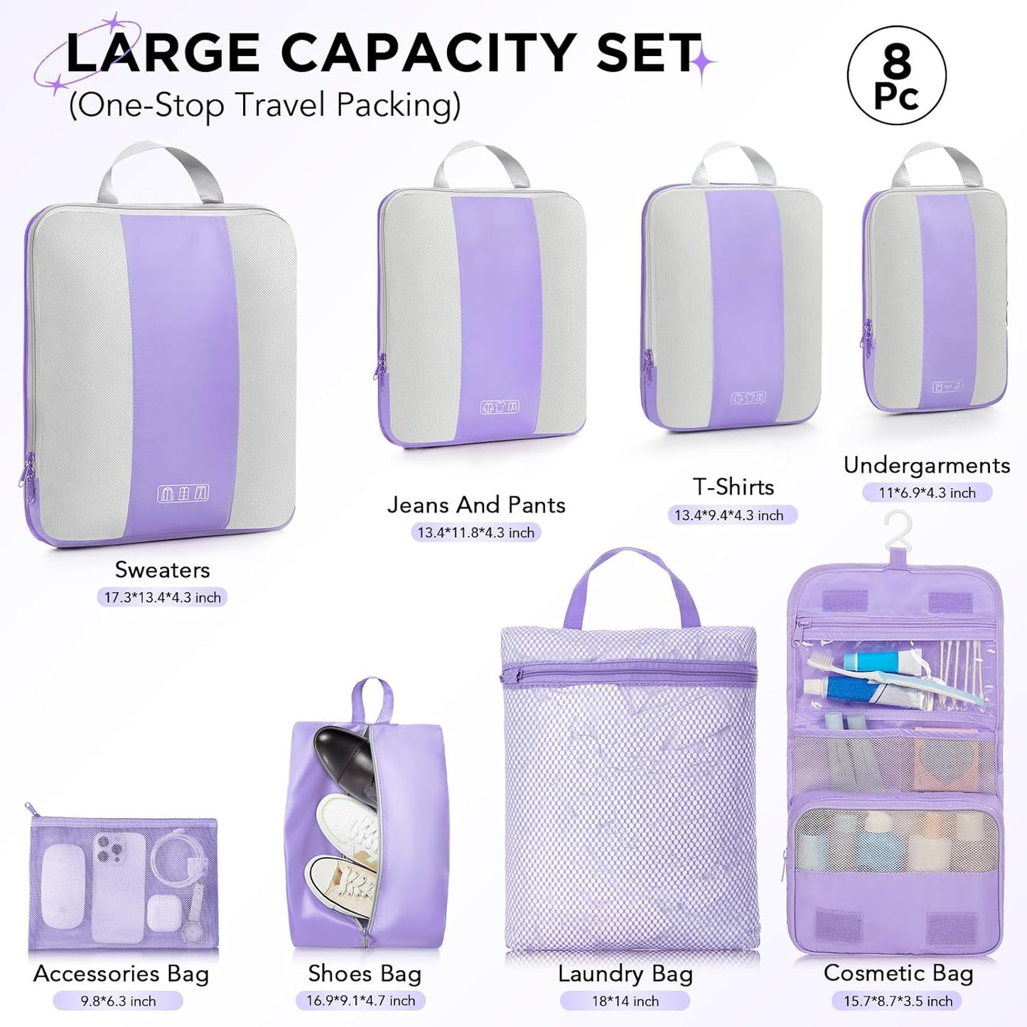8 Set Compression Packing Cubes for Travel Essentials,Compressible Expandable Packing Cubes for Suitcase,OlarHike Luggage Organizer Bags for Travel,Handy Helper for Organizing Clothes(Light Purple)-VerdiqueGarden
