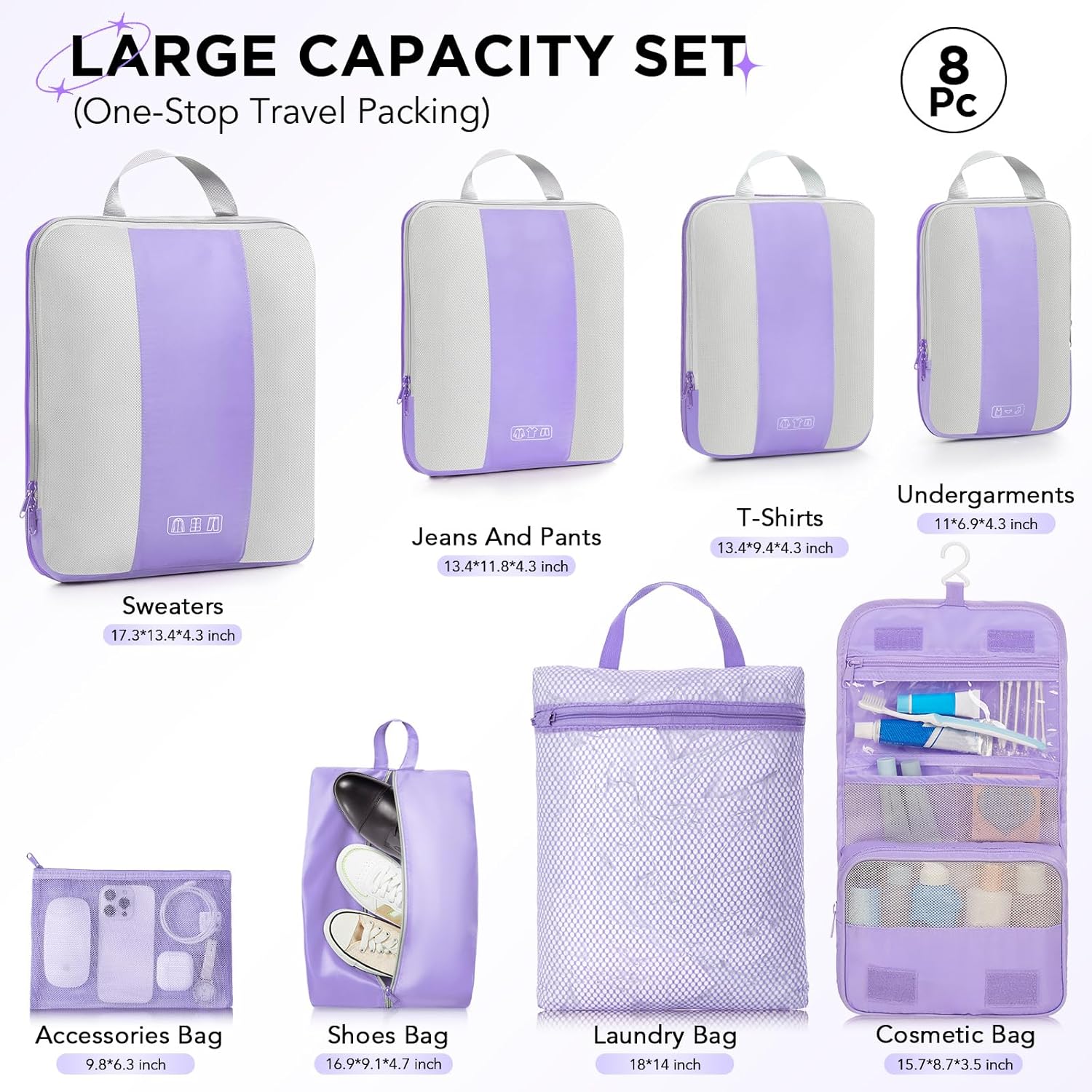 8 Set Compression Packing Cubes for Travel Essentials,Compressible Expandable Packing Cubes for Suitcase,OlarHike Luggage Organizer Bags for Travel,Handy Helper for Organizing Clothes(Light Purple)-VerdiqueGarden