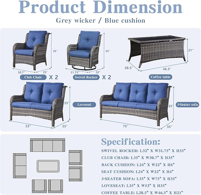 Outdoor Wicker Furniture Patio Set - 7 Piece Backyard Furniture Grey Rattan Conversation Sets with Swivel Rocker Chairs, Rattan Sofa, Club Chairs and Coffee Table, Blue Cushion-VerdiqueGarden