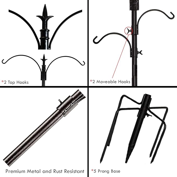 Premium Bird Feeding Station with 2 Bird Feeders Included for Outside - Multi Feeder Pole Stand Kit with 4 Hangers, Bird Bath and 5 Prong Base for Attracting Wild Birds - 22 Inch Wide x 91 Inch Tall-VerdiqueGarden