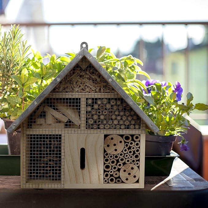 Insect Hotel - Pollinator House and Bug Condo for a Snug Home Outdoors - Garden Habitat for Bees, Ladybugs, and Butterflies - Natural Wood and Metal Construction - 10 x 3X 11 inches-VerdiqueGarden