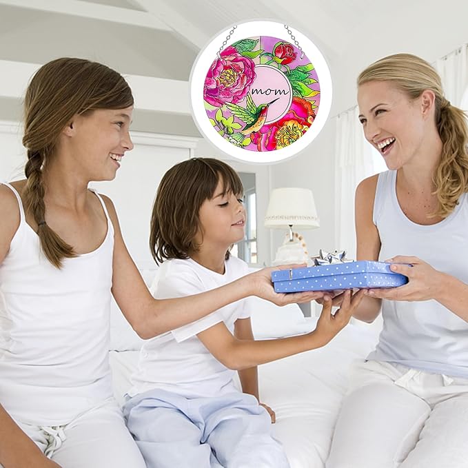 Hummingbird Gifts for Mom, Stained Glass Bird Window Hangings, Sun Catcher Ornament Hanging for Windows, Hummingbird Suncatcher for Women, Mother's Day Birthday Christmas (Suction Cup, 6in)-VerdiqueGarden