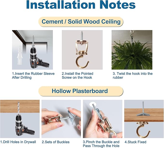 Ceiling Hooks for Hanging Plants (6 PCS Gold),Heavy Duty Metal Plant Hooks, Screw in Hooks for Hanging Birdfeeders, Lamps, Planters, Outdoor Decorative Hooks up to 33 lbs-VerdiqueGarden