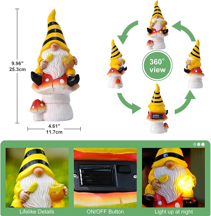 Solar Gnome Decor for Outside - Garden Beer Gnome Outdoor with Solar Lights, Sitting on Mushrooms - Perfect Housewarming or Women's Gifts (Yellow)-VerdiqueGarden