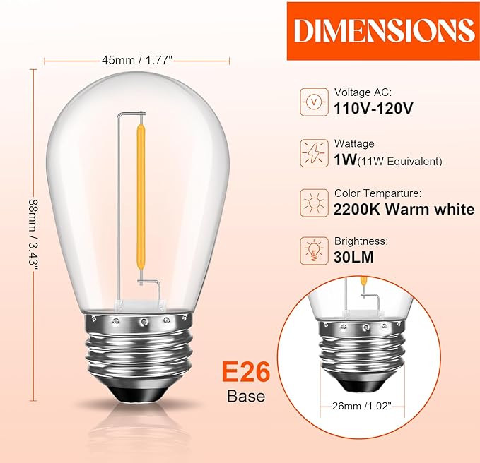 48 Pack Shatterproof LED Replacement Bulbs for Outdoor String Lights, S14 Edison Bulbs for Patio String Lights Outdoor Waterproof, Warm White 2200K, Dimmable, E26 Standard Base-VerdiqueGarden