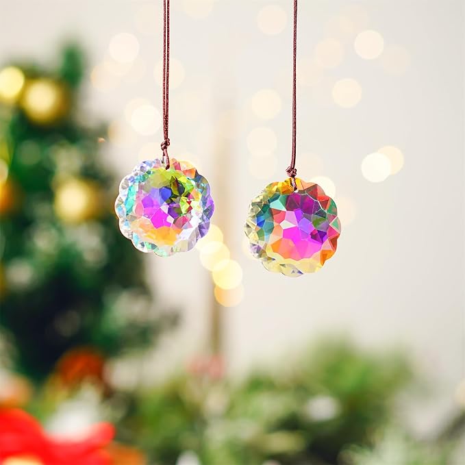 HDCRYSTALGIFTS Set 2 AB Color Crystal Suncatcher Datura Shaped Pendant Rainbow Feng Shui Hanging Prism (45mm)-VerdiqueGarden