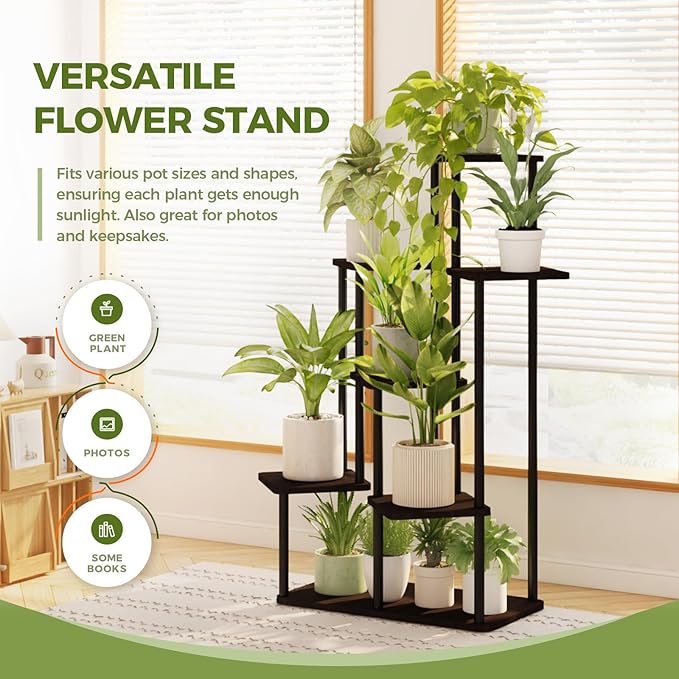 Bamworld 7 Tier Plant Stand Indoor, Large Metal Plant Shelf for Multiple Plants, Tall Tiered Flower Stand for Patio Garden Balcony Living Room Bedroom(Black)-VerdiqueGarden