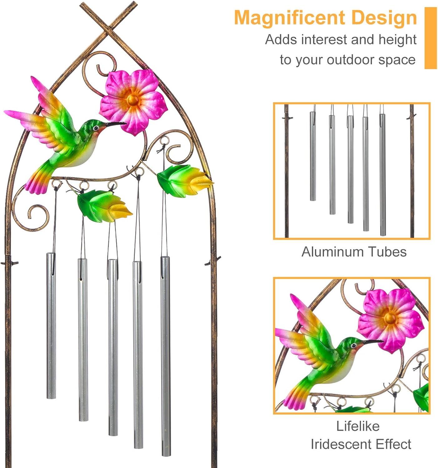 Garden Trellis with Plant Stands, 48” Metal Detachable Hummingbird Plant Pot Trellis with Wind Chimes for Climbing Plants Outdoor Lawn Patio Porches Decor-VerdiqueGarden